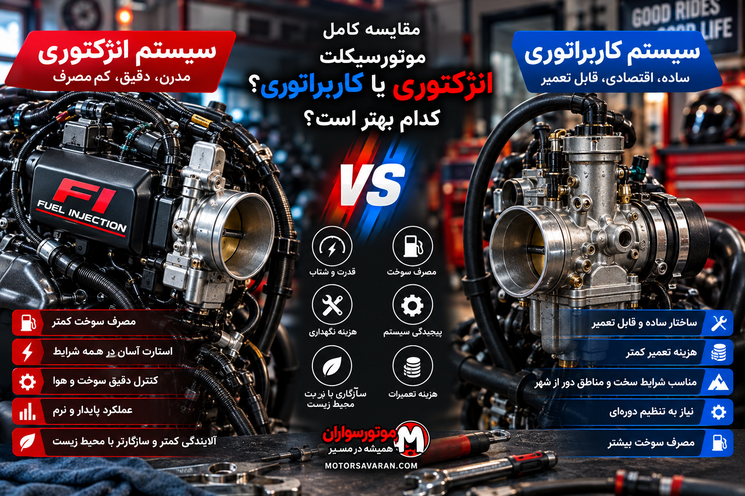 موتورسیکلت انژکتوری بهتر است یا کاربراتوری؟ تفاوت و مقایسه 3 فروشگاه خرید کلاه کاسکت و لوازم موتورسواران نمای انجین و سیستم سوخترسانی موتورسیکلت
